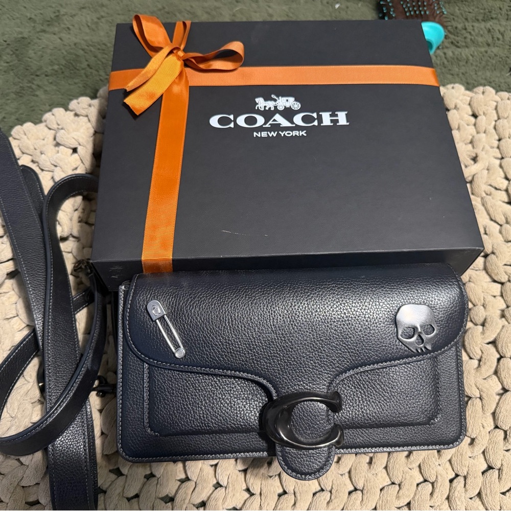 Coach Black Leather Shoulder Bag with Tan Logo Patch